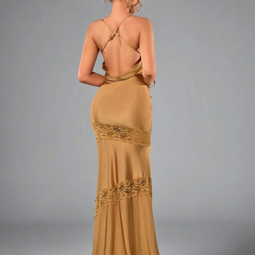 Khaki Elegant Women's Backless Dress - Picture 2 of 6